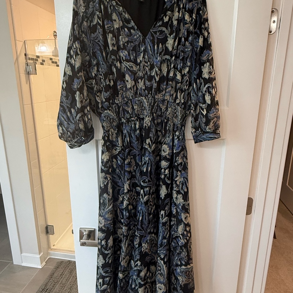 Halogen Navy and Cream Floral Long Sleeve Maxi Dress